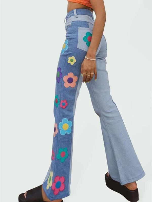 Floral Patchwork Flared Jeans