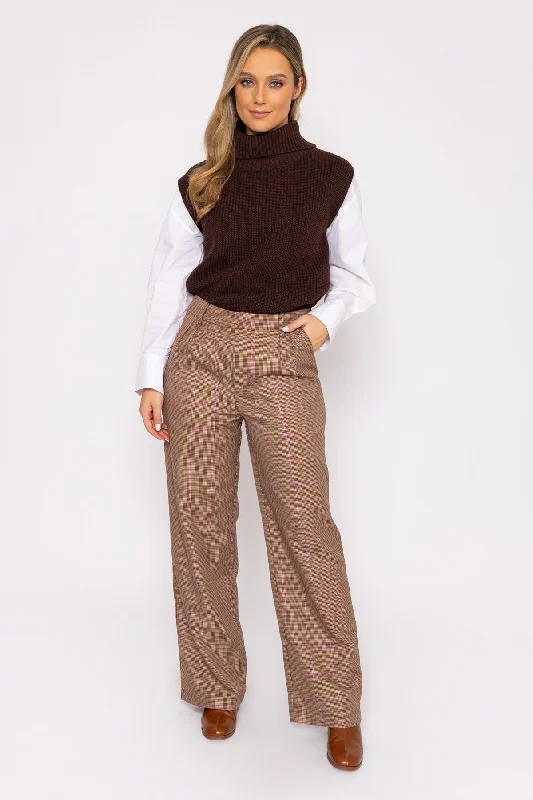 Wide Leg Check Pants in Brown