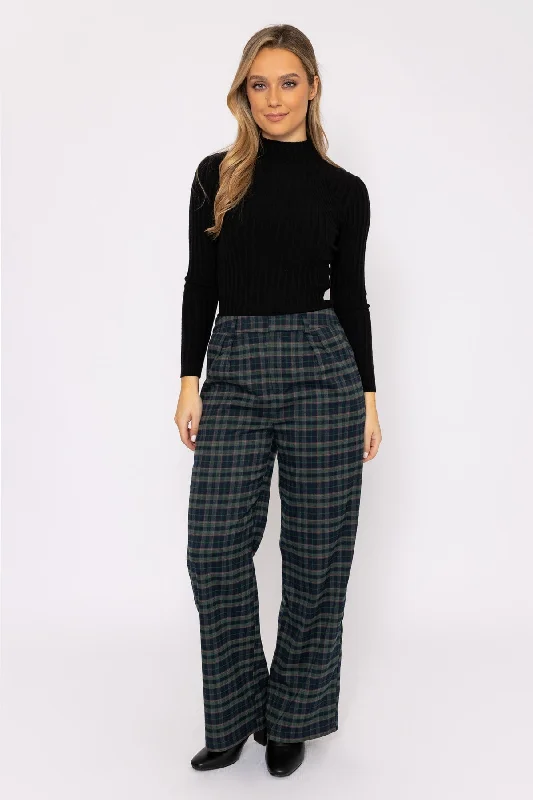 Wide Leg Check Pants in Green