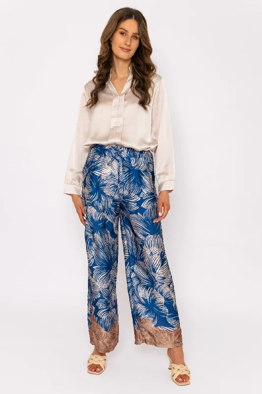 Wide Leg Trousers in Blue Print