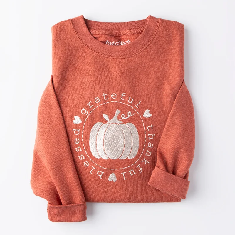 Embroidered Thankful Grateful Blessed Pumpkin  Sweatshirt