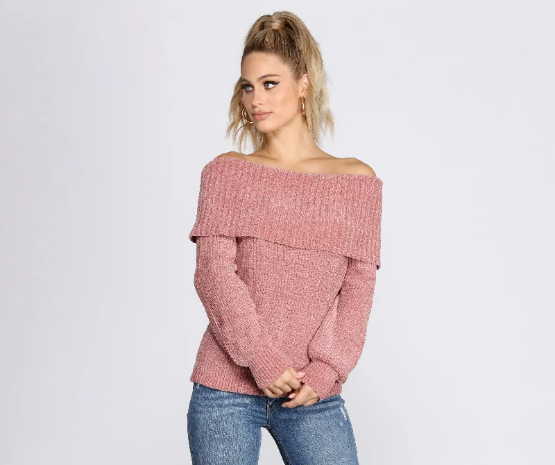 Chic Off The Shoulder Chenille Sweater