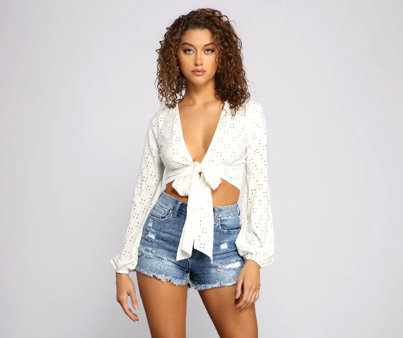 Eyelet Knit Tie Front Crop Top