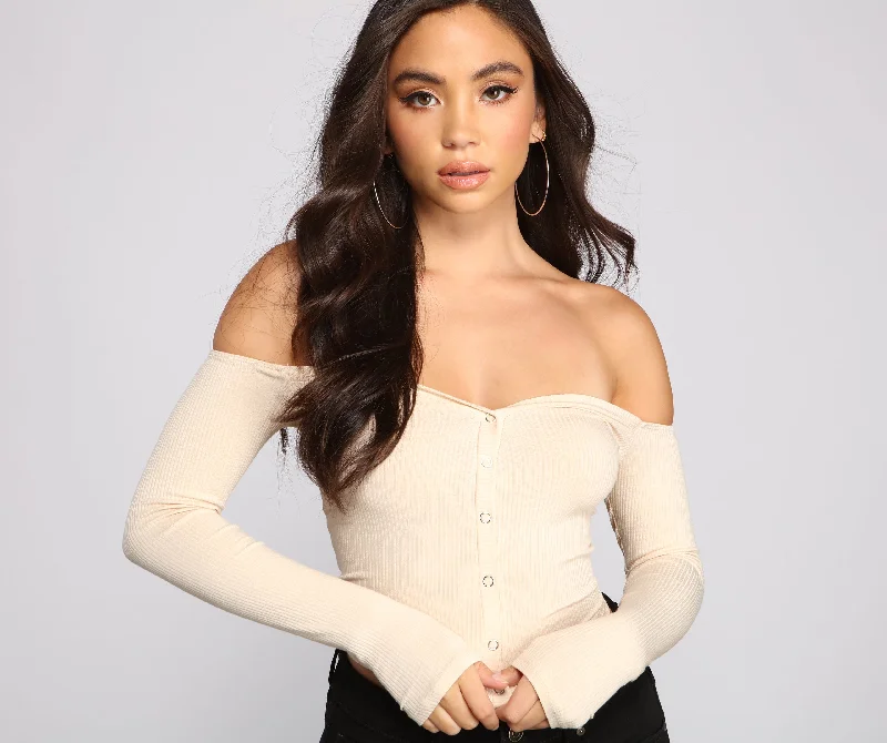 Off The Shoulder Ribbed Henley Top