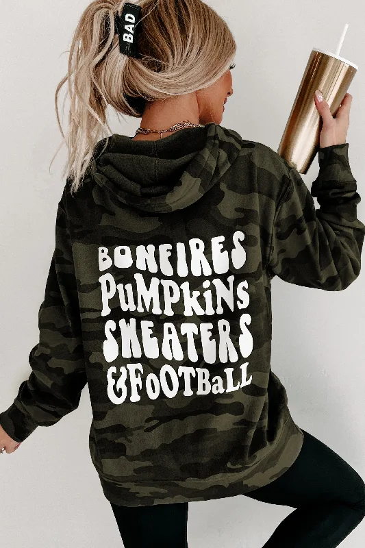 ""Pumpkins, Sweaters, & Football"" Graphic Hoodie (Forest Camo) - Print On Demand