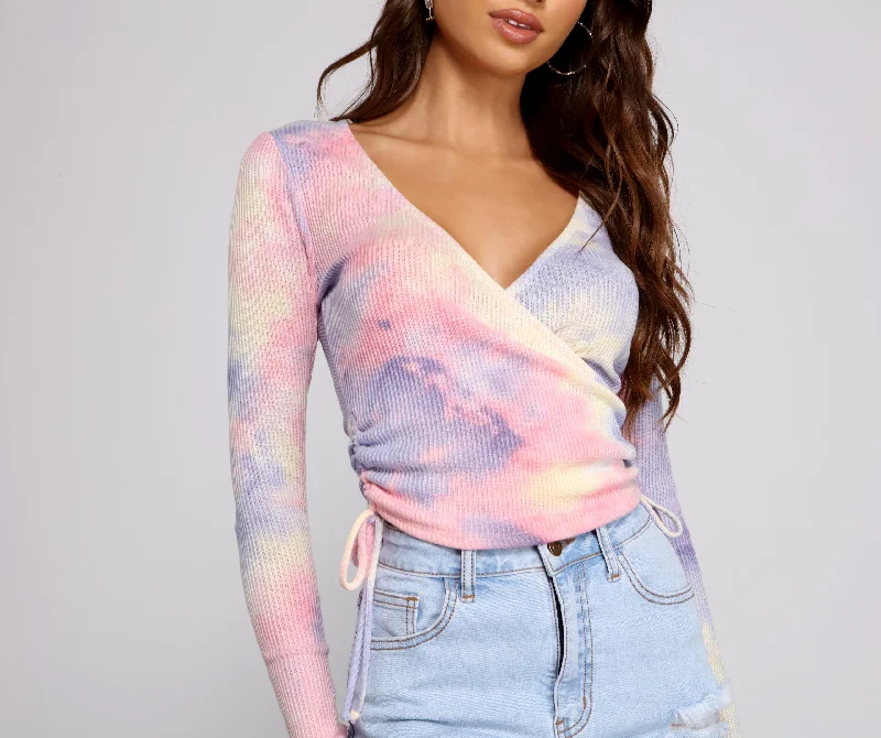 Tie Dye Ribbed Knit Drawstring Top