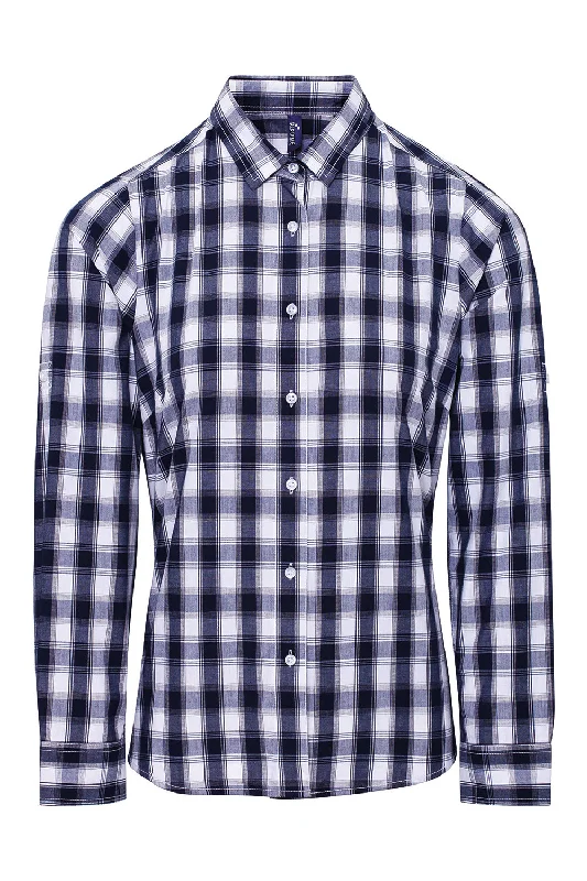 Artisan Collection Womens Mulligan Check Long Sleeve Button Down Shirt - White/Navy Blue