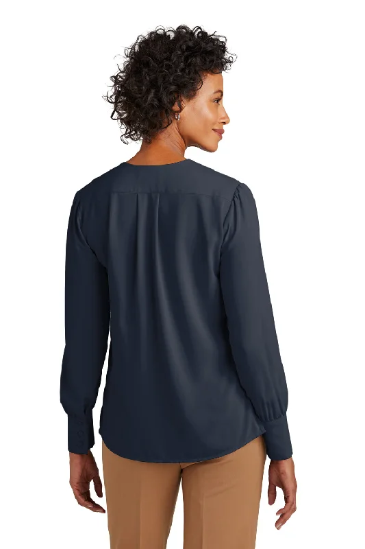 Brooks Brothers Womens Anti Static Open Neck Long Sleeve Blouse - Night Navy Blue