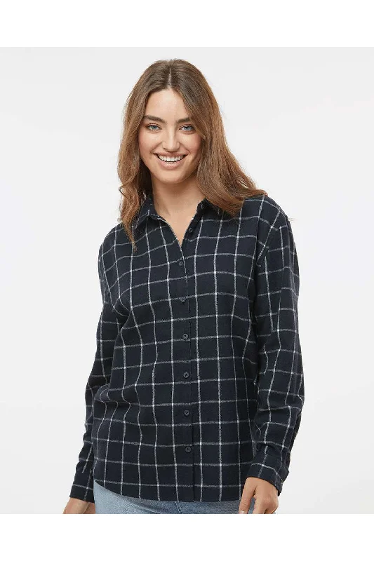 Burnside Womens Boyfriend Flannel Long Sleeve Button Down Shirt - Navy Blue/White - NEW