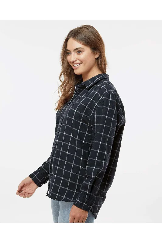 Burnside Womens Boyfriend Flannel Long Sleeve Button Down Shirt - Navy Blue/White - NEW