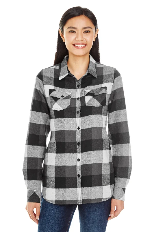 Burnside Womens Boyfriend Flannel Long Sleeve Button Down Shirt w/ Double Pockets - Black