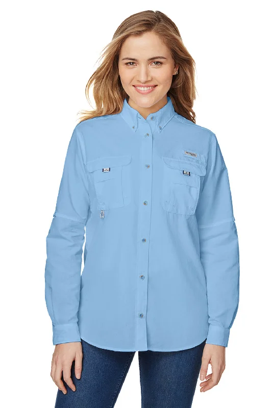 Columbia Womens Bahama Moisture Wicking Long Sleeve Button Down Shirt w/ Double Pockets - White Cap Blue