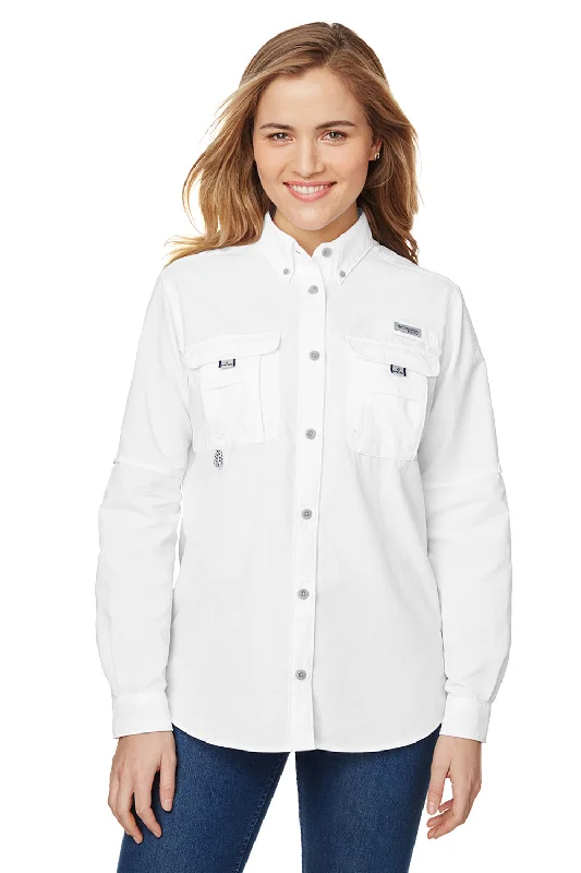 Columbia Womens Bahama Moisture Wicking Long Sleeve Button Down Shirt w/ Double Pockets - White