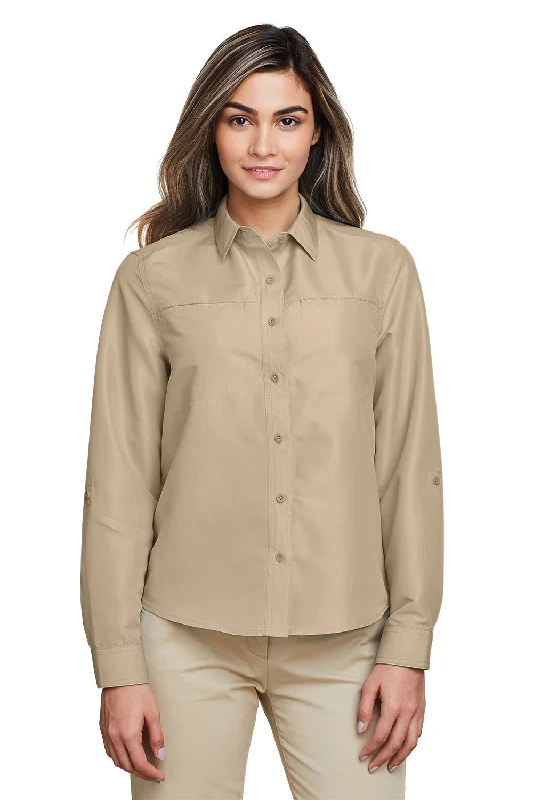 Harriton Womens Key West Performance Moisture Wicking Long Sleeve Button Down Shirt w/ Pocket - Khaki