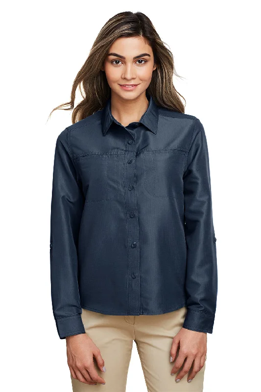 Harriton Womens Key West Performance Moisture Wicking Long Sleeve Button Down Shirt w/ Pocket - Navy Blue