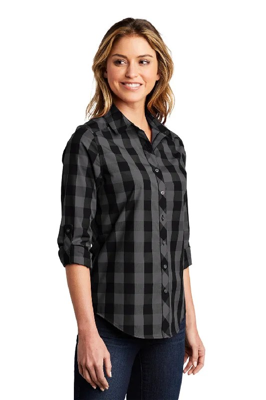 Port Authority Womens Everyday Plaid Long Sleeve Button Down Shirt - Black