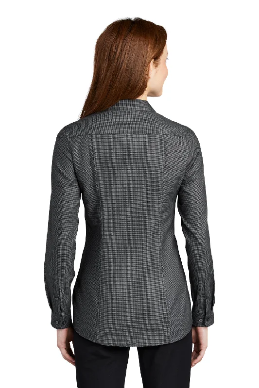 Port Authority Womens Pincheck Wrinkle Resistant Long Sleeve Button Down Shirt - Black/Steel Grey