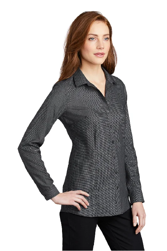 Port Authority Womens Pincheck Wrinkle Resistant Long Sleeve Button Down Shirt - Black/Steel Grey