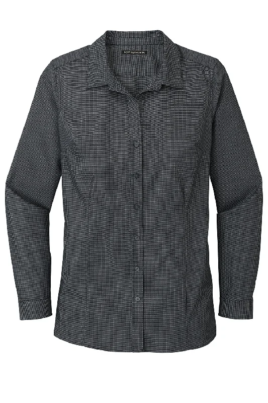 Port Authority Womens Pincheck Wrinkle Resistant Long Sleeve Button Down Shirt - Black/Steel Grey