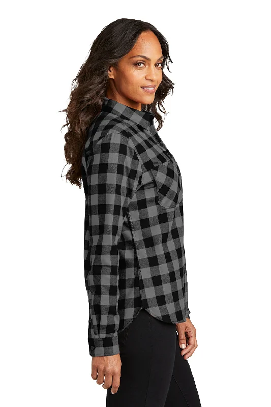 Port Authority Womens Plaid Flannel Long Sleeve Button Down Shirt w/ Double Pockets - Grey/Black Buffalo