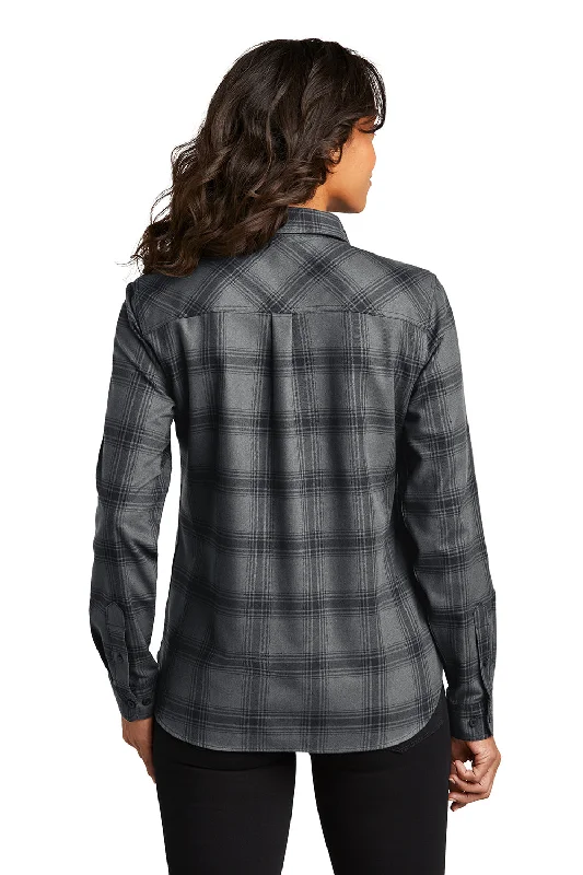 Port Authority Womens Plaid Flannel Long Sleeve Button Down Shirt w/ Double Pockets - Grey/Black Plaid