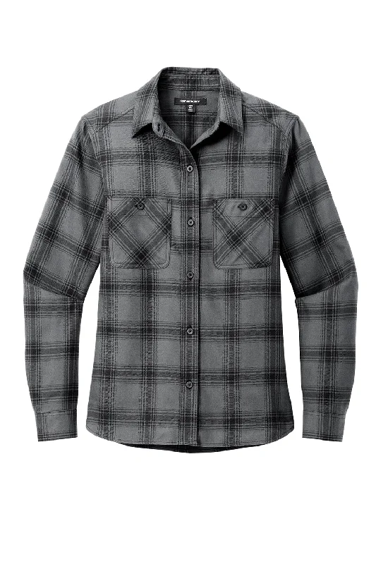 Port Authority Womens Plaid Flannel Long Sleeve Button Down Shirt w/ Double Pockets - Grey/Black Plaid