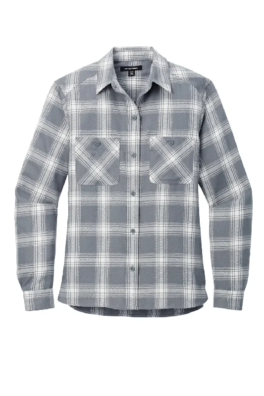 Port Authority Womens Plaid Flannel Long Sleeve Button Down Shirt w/ Double Pockets - Grey/Cream Plaid