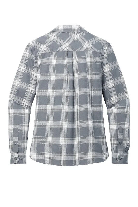 Port Authority Womens Plaid Flannel Long Sleeve Button Down Shirt w/ Double Pockets - Grey/Cream Plaid