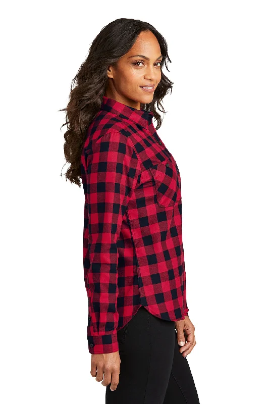 Port Authority Womens Plaid Flannel Long Sleeve Button Down Shirt w/ Double Pockets - Red/Black Buffalo