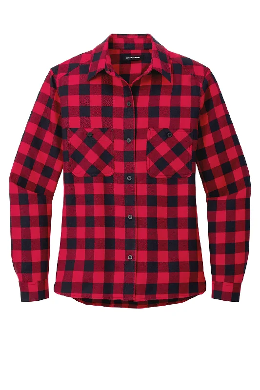 Port Authority Womens Plaid Flannel Long Sleeve Button Down Shirt w/ Double Pockets - Red/Black Buffalo