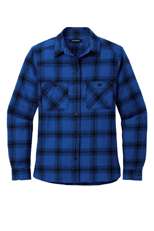 Port Authority Womens Plaid Flannel Long Sleeve Button Down Shirt w/ Double Pockets - Royal Blue/Black Plaid