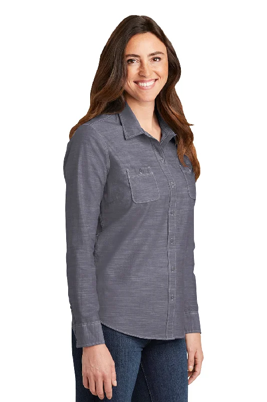 Port Authority Womens Slub Chambray Long Sleeve Button Down Shirt w/ Double Pockets - True Navy Blue