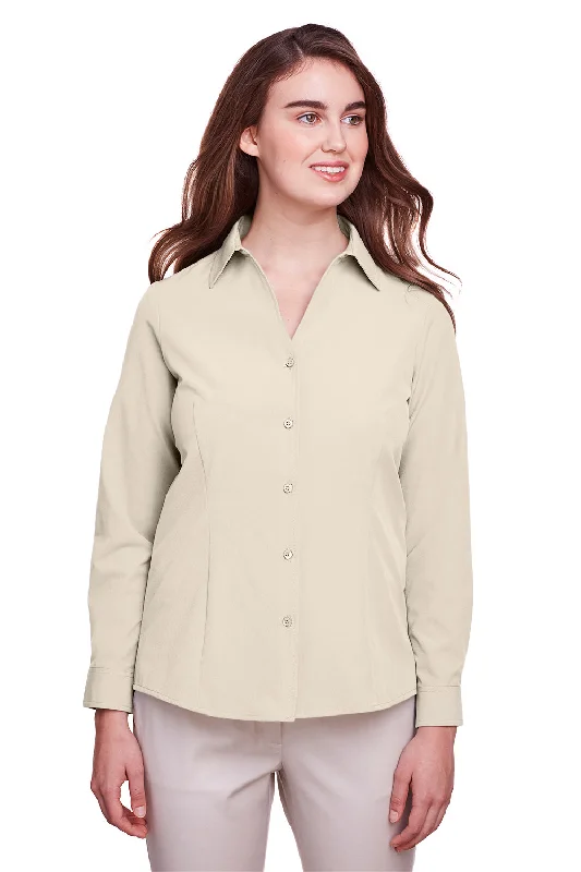 UltraClub Womens Bradley Performance Moisture Wicking Long Sleeve Button Down Shirt - Stone