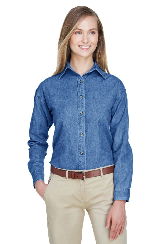 UltraClub Womens Cypress Denim Long Sleeve Button Down Shirt - Indigo Blue